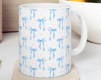 Coquette Bow Mug, Trendy Coquette Mug, Blue and Coffee White Mug, Girly Mug, Coquette Aesthetic Mug, Coffee Glass, Preppy Mug Gift for Her