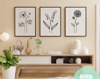 Printable Birth Flower Art: Boho Chic Wall Decor, One Line Floral Prints, Calendar Months of the Year Contemporary Home Decor Collection