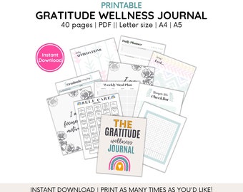 Unlock Your Wellness Routine with a Printable Gratitude Journal Planner: 40 pages of self-care, meal planning, fitness tracking plan