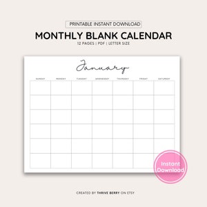 Printable Blank Calendar, Printable Blank Monthly Calendar, Letter Size ...