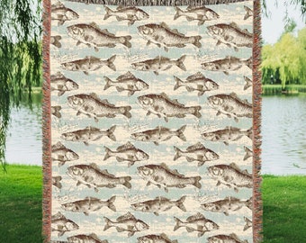 Vintage Fish Woven Blanket, Nautical Tapestry, Coastal Room Decor, Fishing Gifts for Him, Rustic Cabin Lake House Decor, Wall Art Tapestry