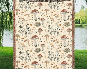 Woven Blanket Mushroom Decor, Cozy Home Gift, Dark Academia Rustic Mushroom Tapestry, Mushroom Wall Art, Cottagecore Blanket Woven Throw