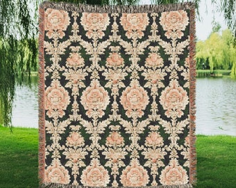 Elegant Damask Woven Blanket Gift, Cozy Tapestry Wall Hanging, Home Decor, Cotton Fringe Blanket for Couch, Gothic Home Decor Throw Blanket