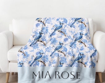 Blue Jay Blanket, Personalized Nature Bird Lover Gift, Custom Keepsake for Animal Lovers, Unique Home Decor, Personalized Newborn Gift