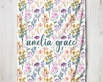 Custom Name Boho Floral Baby Blanket, Personalized Swaddle, Unique Baby Shower Gift