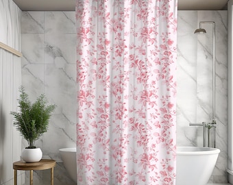 Pink Toile Shower Curtain, Cottagecore Floral Bathroom Decor, Gift for Mom, Spring Bath Chic Preppy Botanical Present