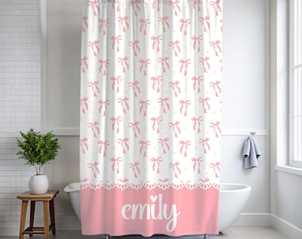 Personalized Pink Bow Shower Curtain, Custom Bathroom Decor, Unique Gift for Her, Custom Pink Bow Shower Curtain, Stylish Baby Shower Gift