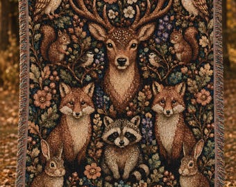 Woodland Animals Woven Blanket : Forest Creatures Throw, Nature Gift for Her, Storybook Cabin Decor, Housewarming Birthday Present