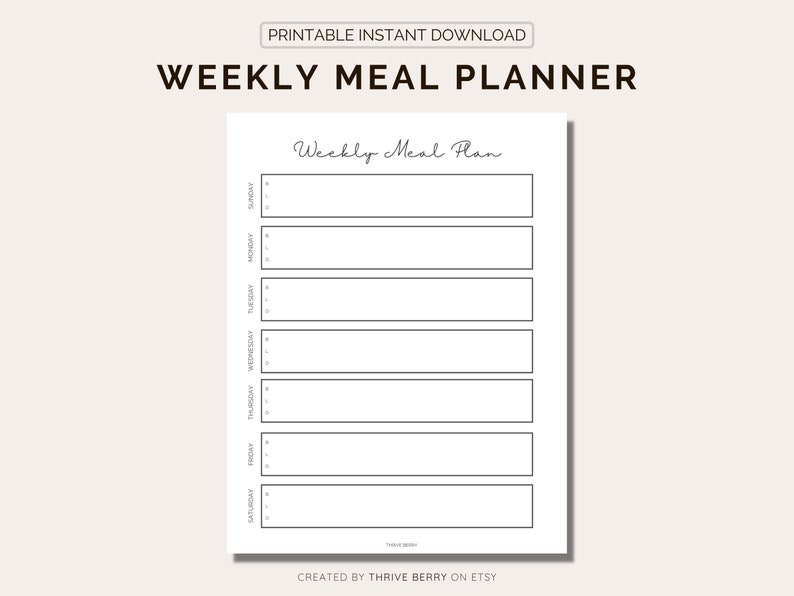 Printable Weekly Meal Planner Minimal Meal Planner Food Prep image 1