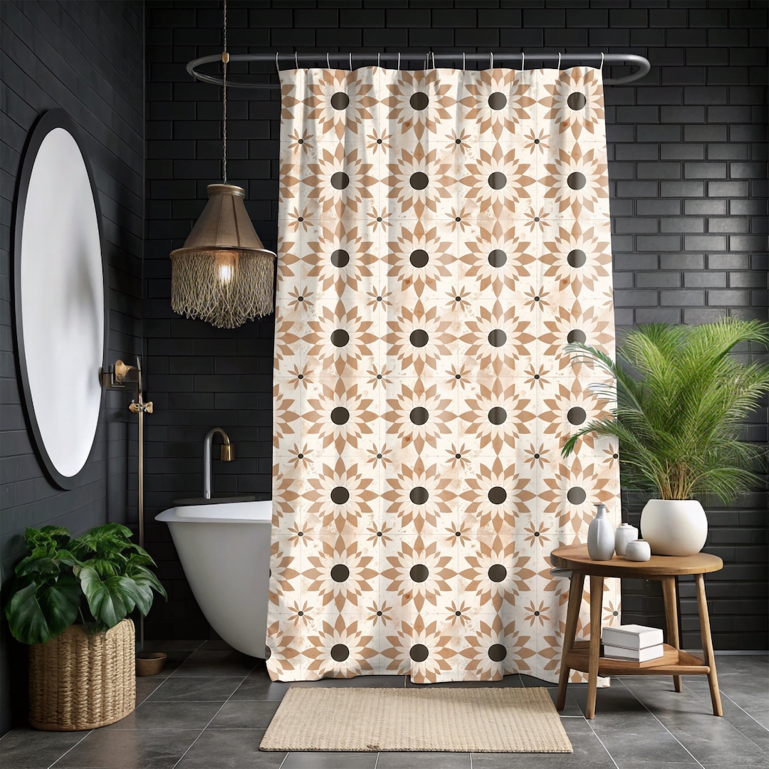 Neutral Beige Boho Shower Curtain, Mid-century Modern, 71X74 In, Modern ...
