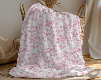 Pink Toile Blanket, Perfect Gift for Her, Cozy Home Accent, Unique Gift for Teens, Elegant Gift for Baby Girl, Vintage Toile De Jouy Blanket