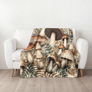 Mushroom Cottagecore Blanket, Velveteen Plush Throw Blanket, Retro Home Decor, Whimsigoth Blanket, Boho Mushroom Print Blanket Gift for Her