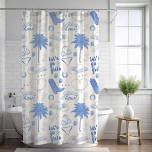 Coastal Cowgirl Shower Curtain, Coastal Cowgirl Gift, Beachy Seashell Bathroom Decor, Gift For Her, Quirky Fun Blue Preppy Shower Curtain