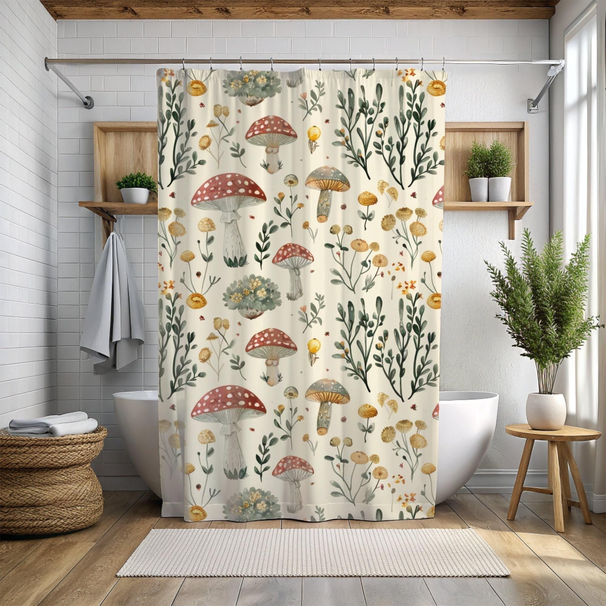 Vintage Pilz Duschvorhang 178x178 Cm – Retro Wald-Design, Wasserdicht, Mit Haken