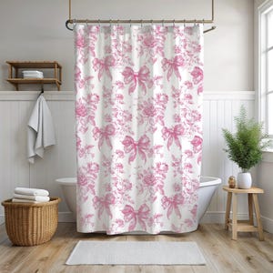 Vintage Pink Toile Shower Curtain, Gift Idea for Girls, Cottagecore Bathroom Decor, Floral Spring Bath Decor, Chic Preppy Bathroom Botanical