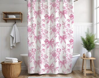 Vintage Pink Toile Shower Curtain, Gift Idea for Girls, Cottagecore Bathroom Decor, Floral Spring Bath Decor, Chic Preppy Bathroom Botanical