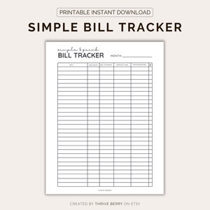 Simple Bill Tracker Printable Monthly Bill List & Expense image 2