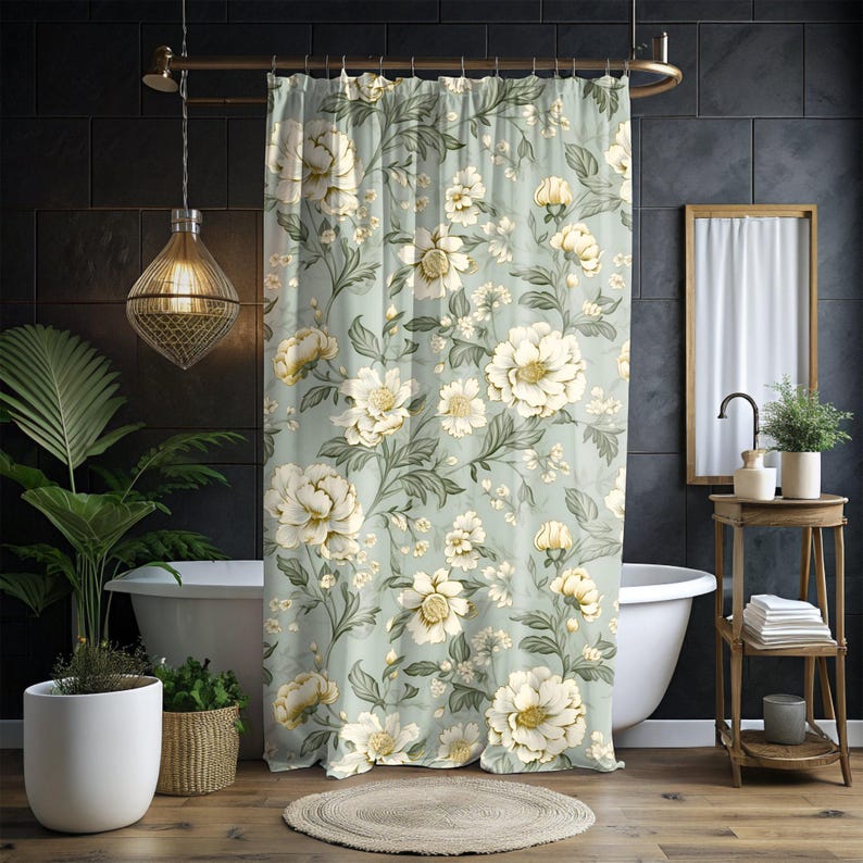 a bath room with a bath tub and a shower curtain
