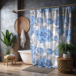 Blue and White Boho Floral Shower Curtain, Blue Floral Shower Curtain, Cottagecore Modern Farmhouse Decor, Colorful Bathroom Décor Blue Bath