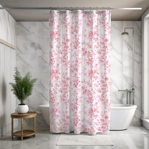 Pink Toile Shower Curtain, Gift Idea for Girls, Cottagecore Bathroom Decor, Floral Spring Bath Decor, Chic Preppy Bathroom, Botanical Forest