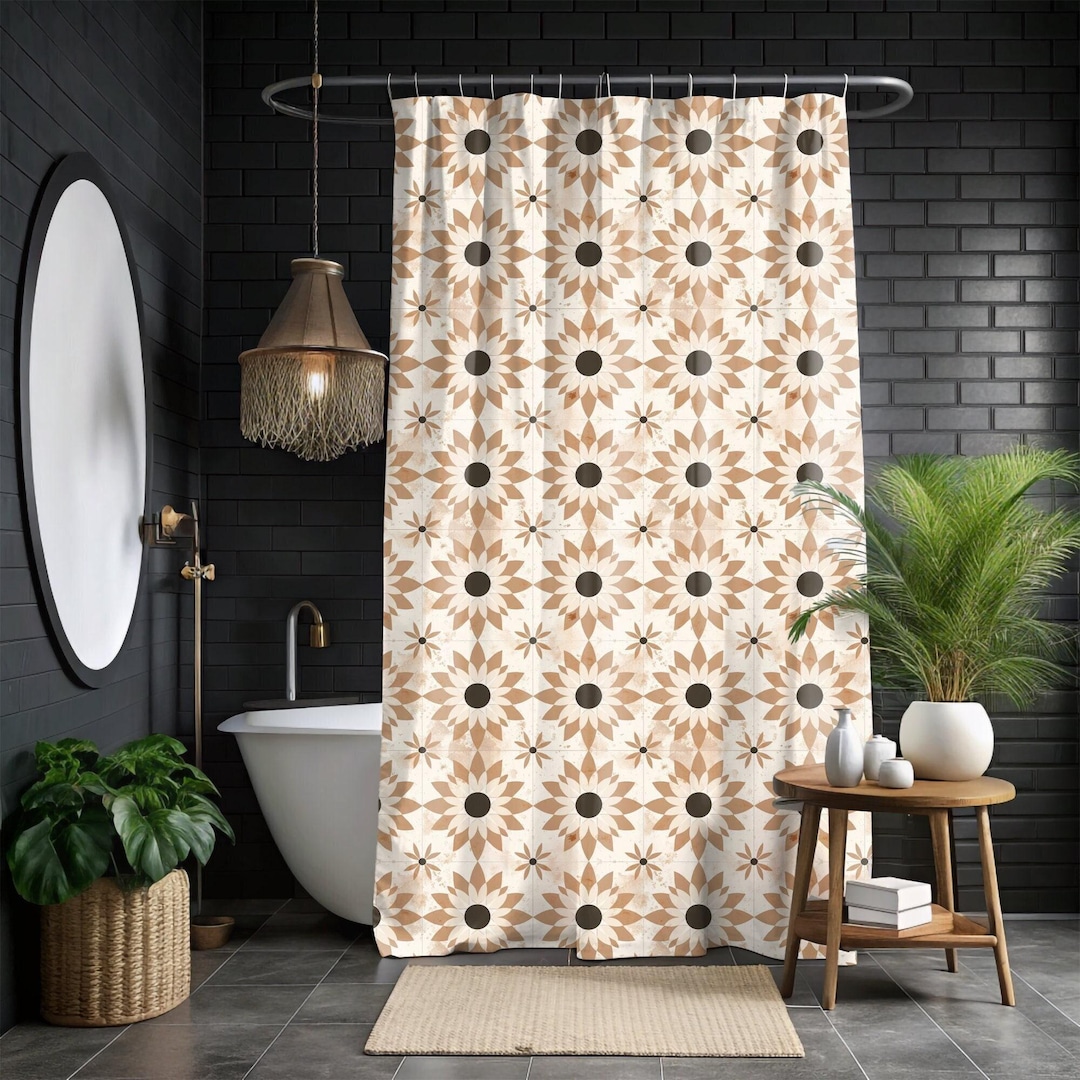 Neutral Beige Boho Shower Curtain, Midcentury Modern, 71X74 In, Modern
