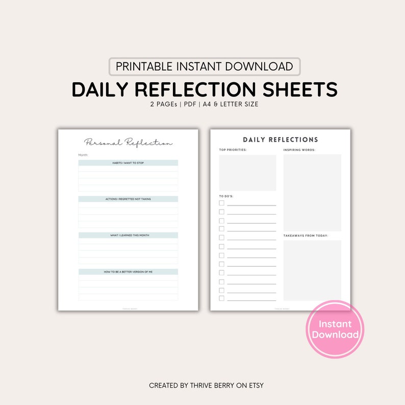 Maximize self-care & productivity with our Printable Daily Reflection Journal Sheet A4 and Letter sizes. Stay organized and inspired image 1