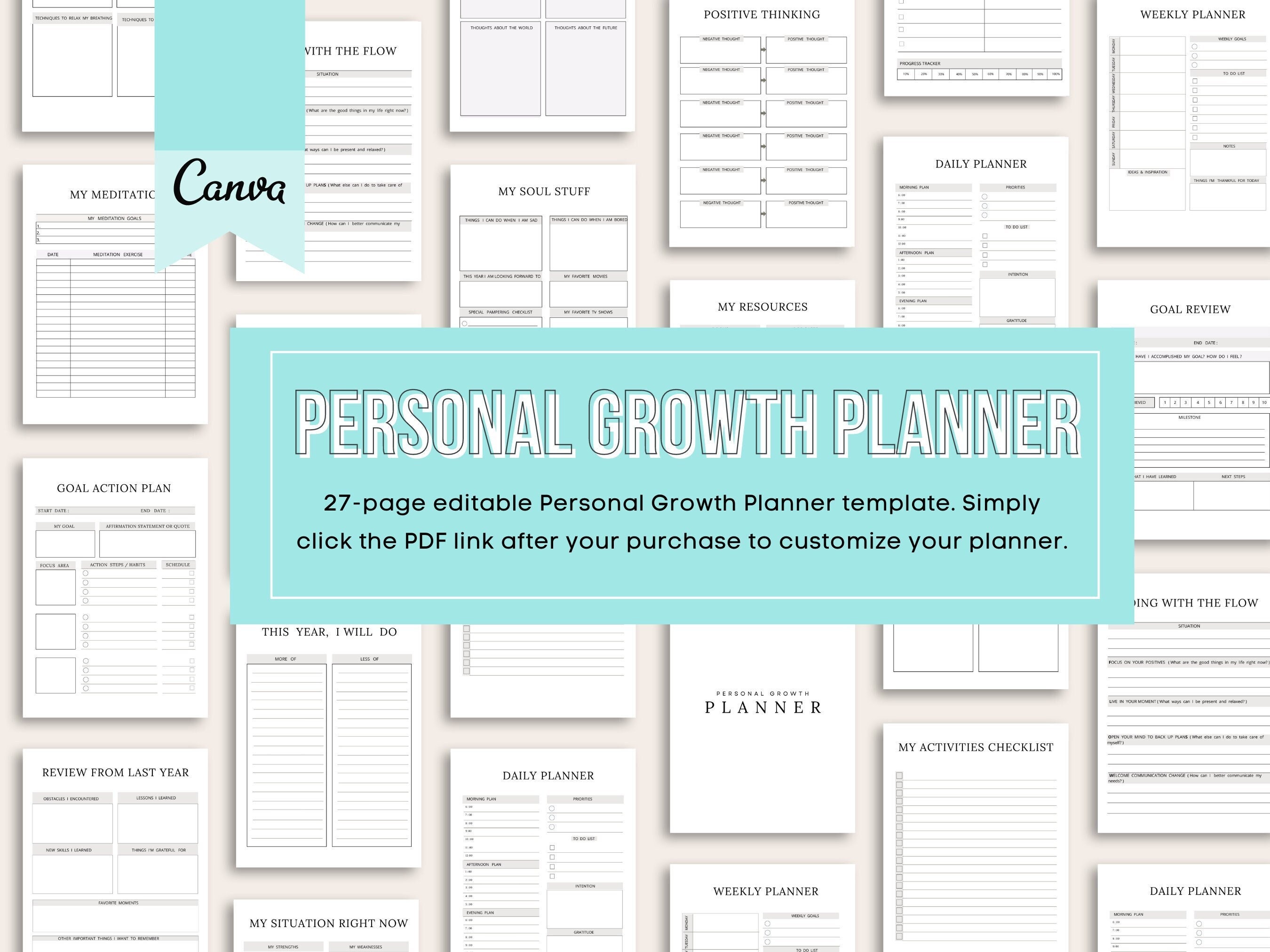 Personal Growth Journal Template, Editable Canva Template, Personal Development Journal, Self Growth Planner, Editable Template Canva