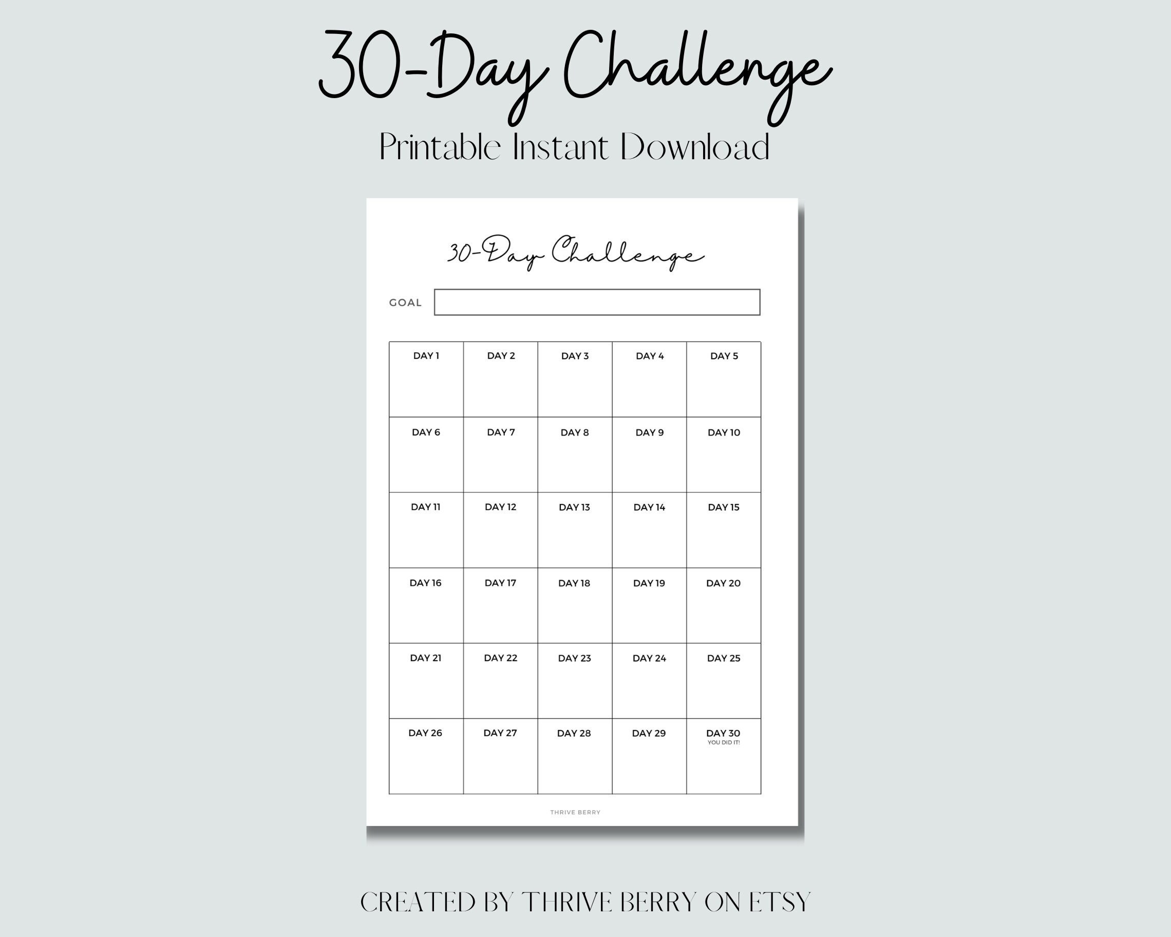 30 Day Challenge Printable Tracker, 30 Day Habit Tracker Goal Sheet for