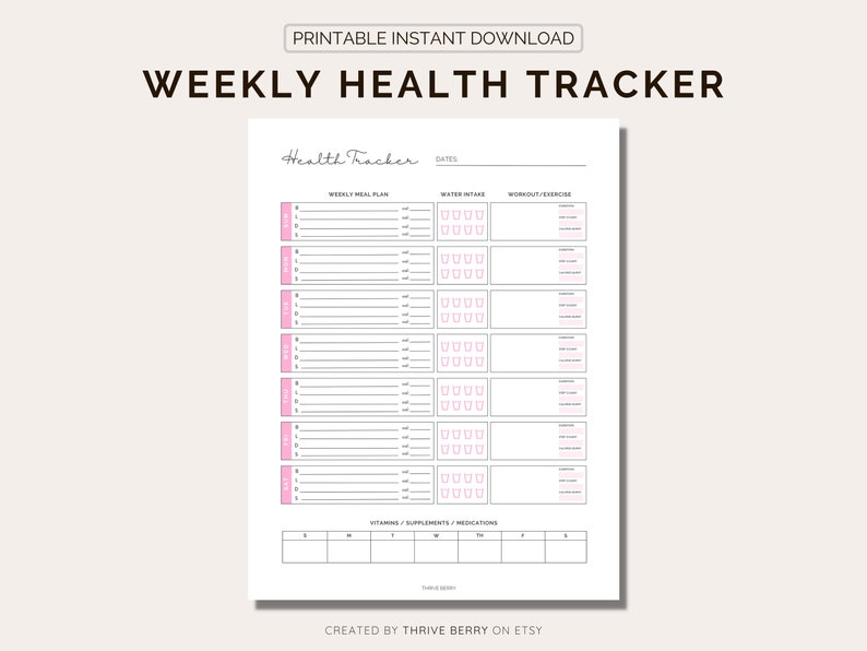 Weekly Health Tracker Journal PRINTABLE  Meal Planner / healthy habits to live by