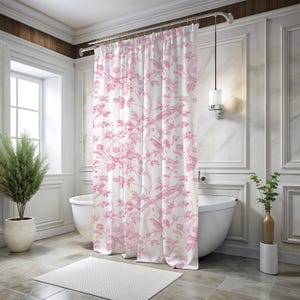 Vintage Pink Toile Shower Curtain, Gift Idea for Girls, Cottagecore Bathroom Decor, Floral Spring Bath Decor, Chic Preppy Bathroom Botanical