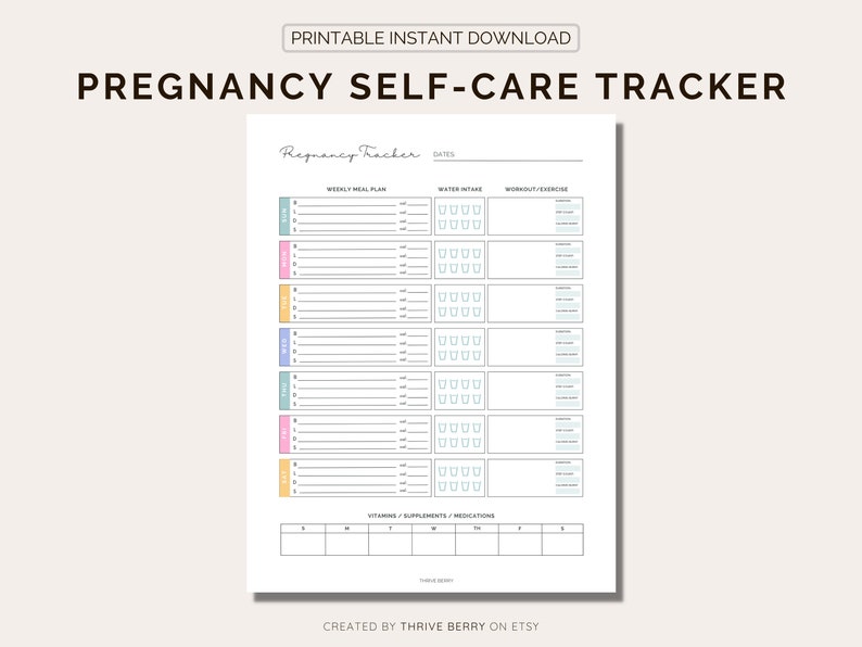 Pregnancy Self Care Tracker PRINTABLE  Meal Planner  Fitness / pregnancy tips for first time moms