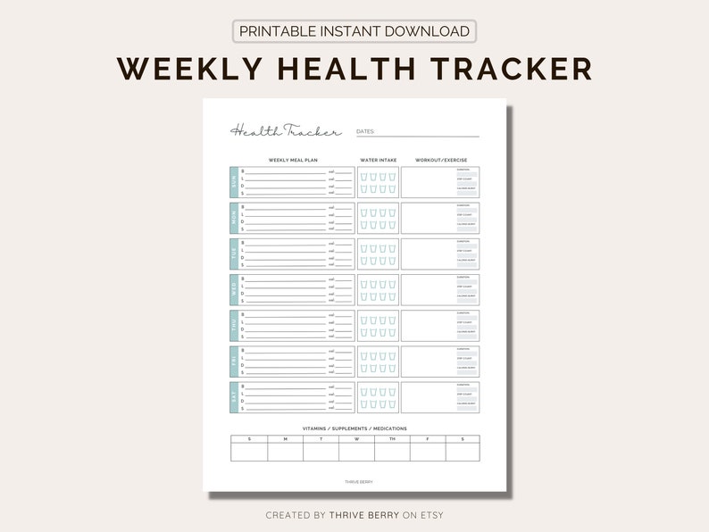 Weekly Health Tracker Journal PRINTABLE Meal Planner image 1