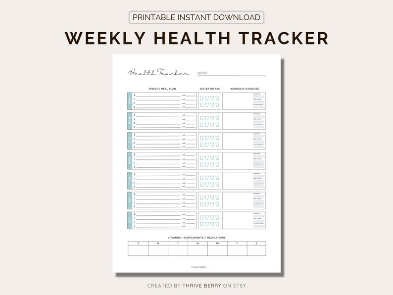 Weekly Health Tracker Journal PRINTABLE  Meal Planner  image 1