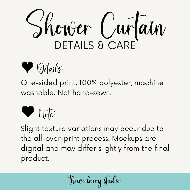 a sign that says shower curtain details and care