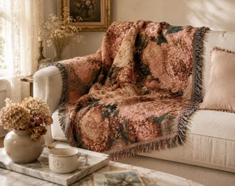 Peony Woven Blanket — Vintage Floral Throw, Cottagecore Floral Gift for Her, Botanical Home Decor, Gift for Mom, Birthday Gift for Women