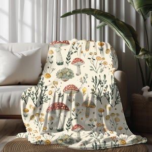 Vintage Mushroom Blanket, Velveteen Plush Blanket, Woodland Decor for Nature Lovers Retro Cozy Throw for Mom Gift Cottagecore Aesthetic Gift