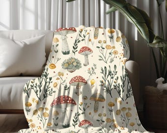 Vintage Mushroom Blanket, Velveteen Plush Blanket, Woodland Decor for Nature Lovers Retro Cozy Throw for Mom Gift Cottagecore Aesthetic Gift