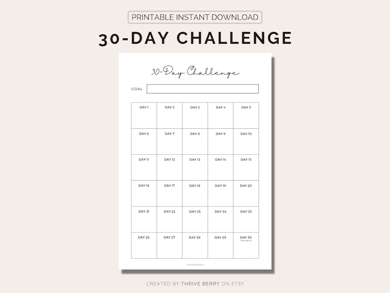 30 Day Challenge PRINTABLE 30 Day Goal Tracker 30 Day image 1