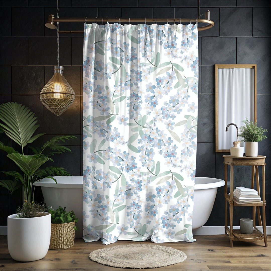 White and Blue Floral Boho Shower Curtain, Floral Shower Curtain