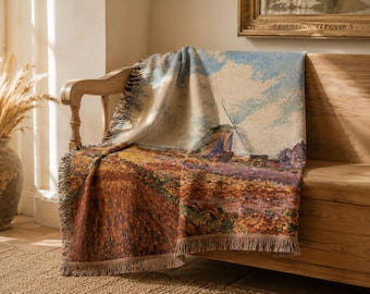 Monet Windmill Woven Blanket — Dutch Landscape Throw, Vintage Art Home Decor, Gift for Art Lovers, Cozy Impressionist Tapestry