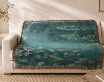 Monet Water Lilies Woven Blanket — Zen Floral Throw, Quiet Luxury Home Decor, Impressionist Art Gift, Cozy Tapestry for Her