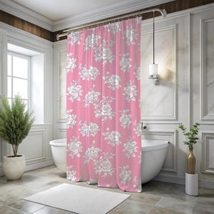 Pink Toile Shower Curtain, Gift Idea for Girls, Cottagecore Bathroom Decor, Floral Spring Bath Decor, Chic Preppy Bathroom, Botanical Forest