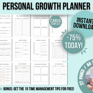 May include: A digital planner with a light blue background and the text "PERSONAL GROWTH PLANNER" in black. The planner includes 27 pages and is available for instant download. The text "CANVA TEMPLATE" is also visible in a white circle with a black border. The text "INSTANT DOWNLOAD" is in a white circle with a black border. The text "-75% TODAY!" is in a white circle with a black border. The text "27 PAGES / A4 SIZE" is in a white circle with a black border. The text "+ BONUS: GET THE 15 TIME MANAGEMENT TIPS FOR FREE!" is in black text on a white background.