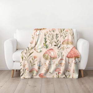 Pink Mushroom Blanket, Whimsical Woodland Retro Home Decor Soft Floral Cozy Throw for a Cottagecore Vibe Velveteen Plush Mom Daughter Gift