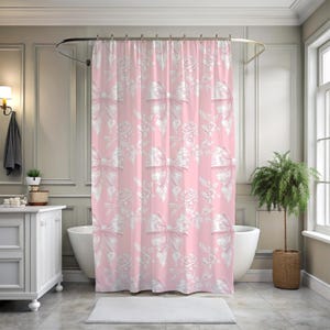 Vintage Pink Toile Shower Curtain, Gift Idea for Girls, Cottagecore Bathroom Decor, Floral Spring Bath Decor, Chic Preppy Bathroom Botanical