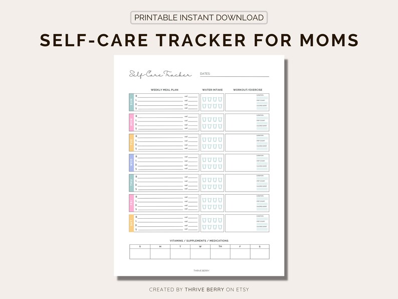 Weekly Self Care Tracker  PRINTABLE  Meal Planner  Fitness / why moms need time alone