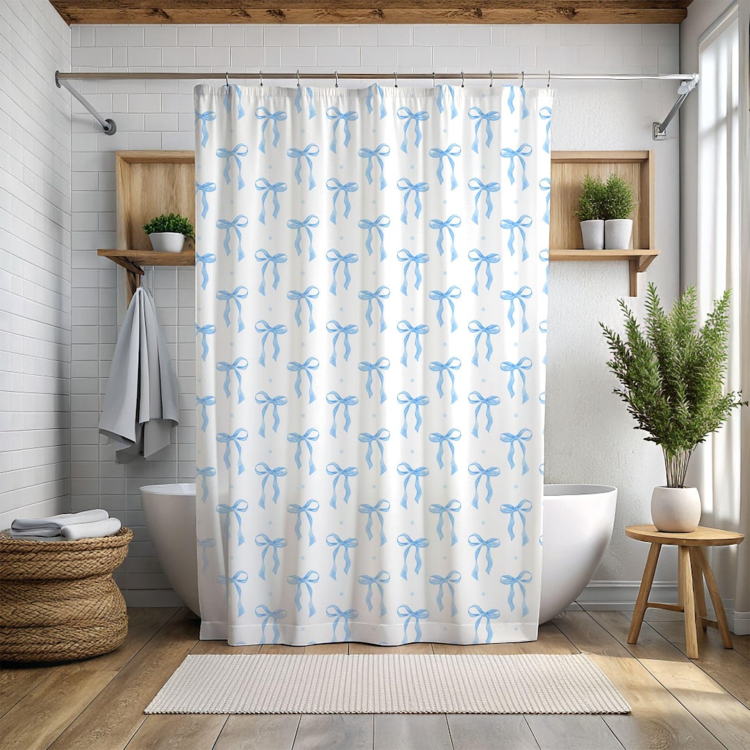 Blue and White Bow Shower Curtain, Blue Bow Shower Curtain, Preppy Chic