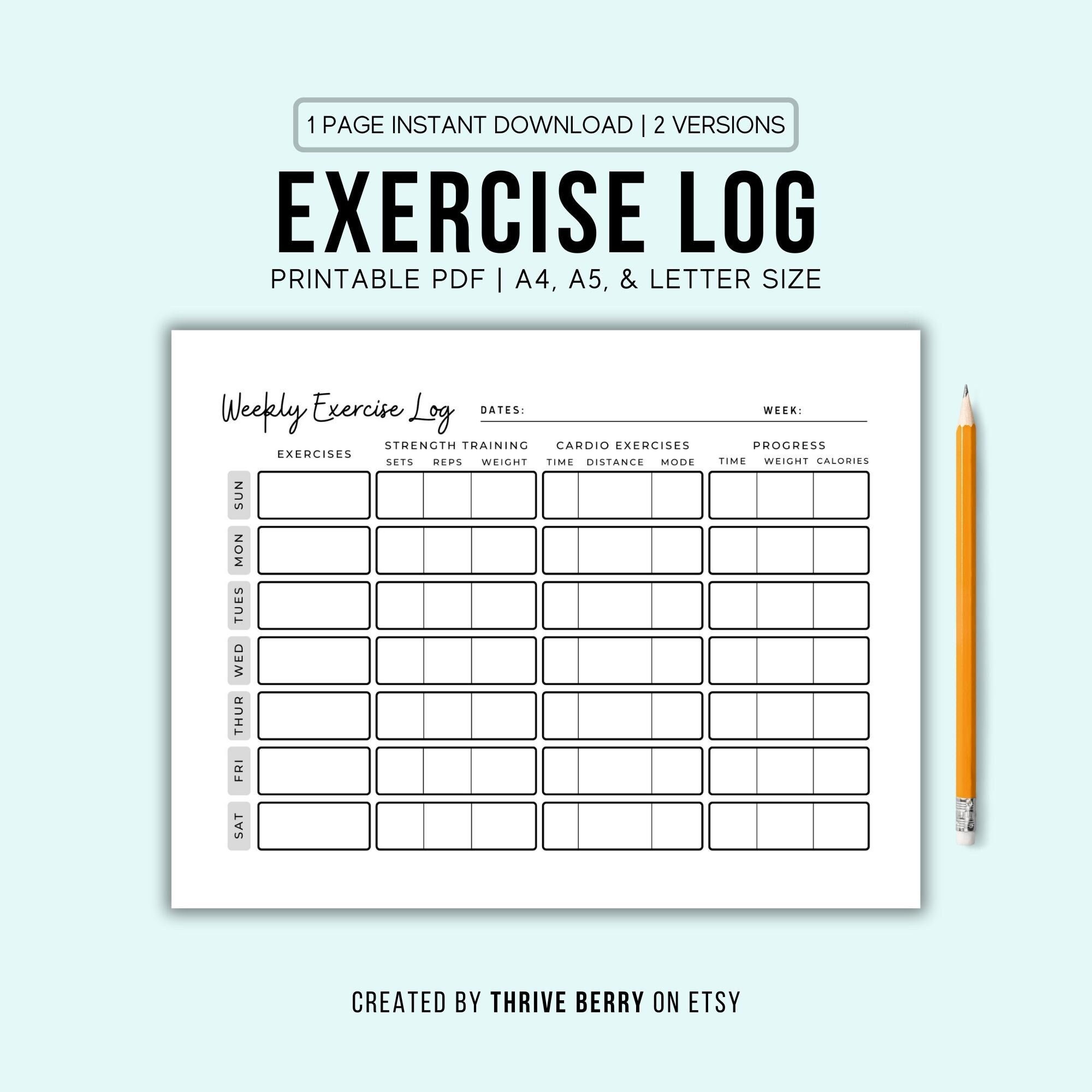 Printable Weekly Exercise Log, Exercise Tracker, Workout Log, Yoga