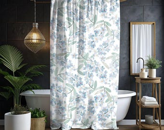 Wit en blauw bloemen boho douchegordijn, bloemen douchegordijn, boerderij baddecor blauw douchegordijn, badkamerdecor blauw badgordijn