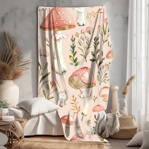 a bedroom with a mushroom themed wall hanging